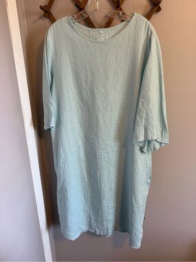 LinenMe Blue Linen Pleated Back Pocket Midi Shift Dress Size 2X